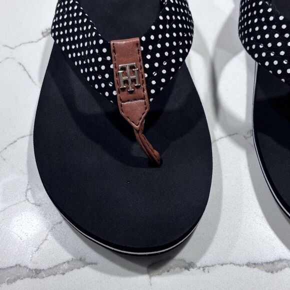 Tommy Hilfiger Women’s Navy Blue Polka Dot Flip Flop Size 8M Leather Toe Strap - Picture 6 of 10